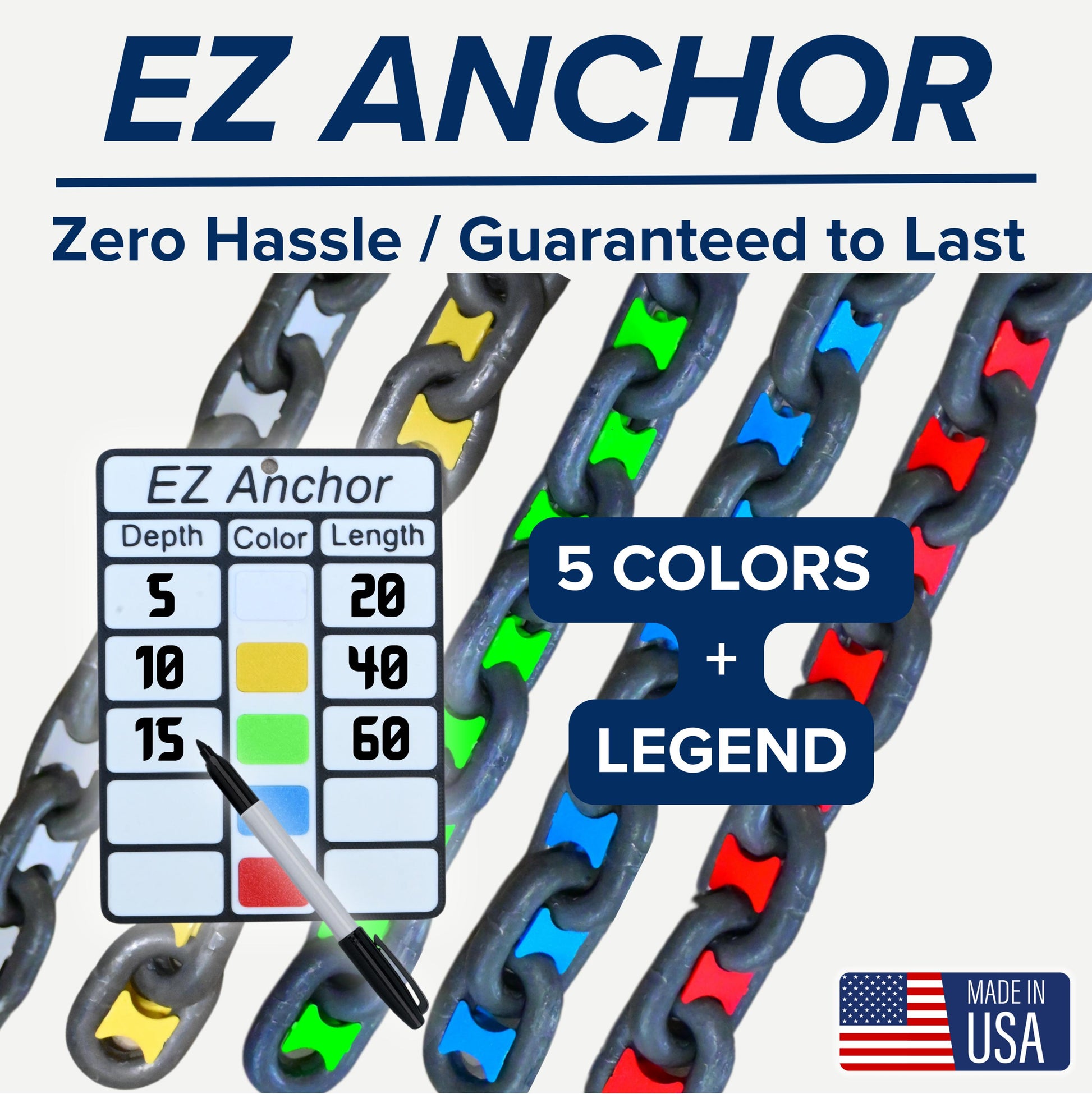 Anchor Chain Marking Kit - 5 COLOR PACK with LEGEND - High-Visibility, Weather-Resistant, Easy Install Marine Accessories for Boat Anchoring